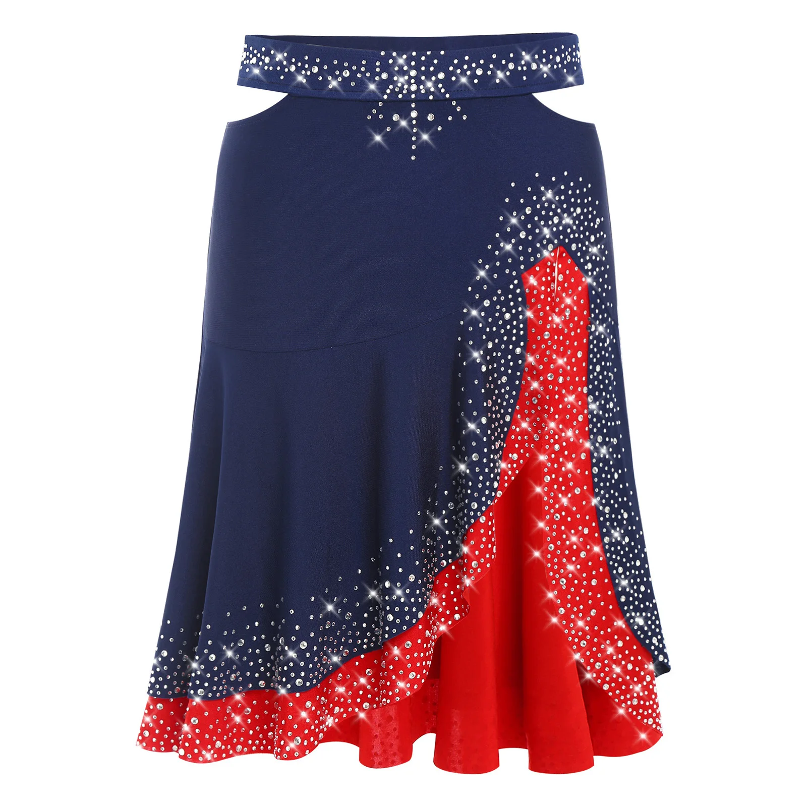 Jupe de danse Jazz latine pour femmes, strass scintillants, découpes latérales, volants contrastés de couleur pour spectacles de danse Salsa Chacha