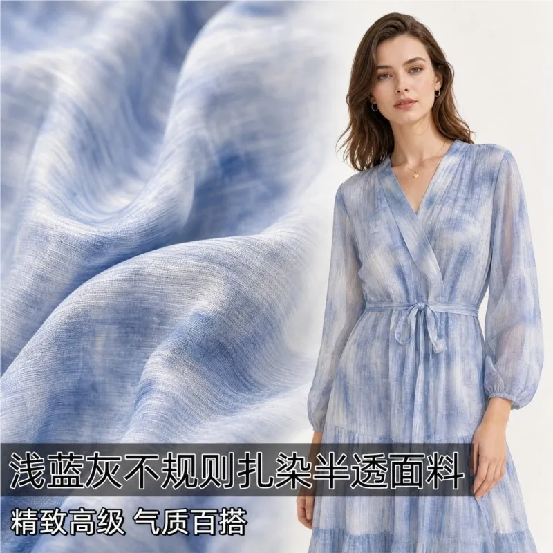 Semi-transparent dark blue irregular tie-dyed double crepe chiffon fabric for Hanfu cheongsam dress