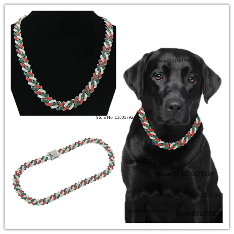 red green silver 3 color crystal curb cuban link dog chain colloar metal pet jewelry accessories for small dog security buckle