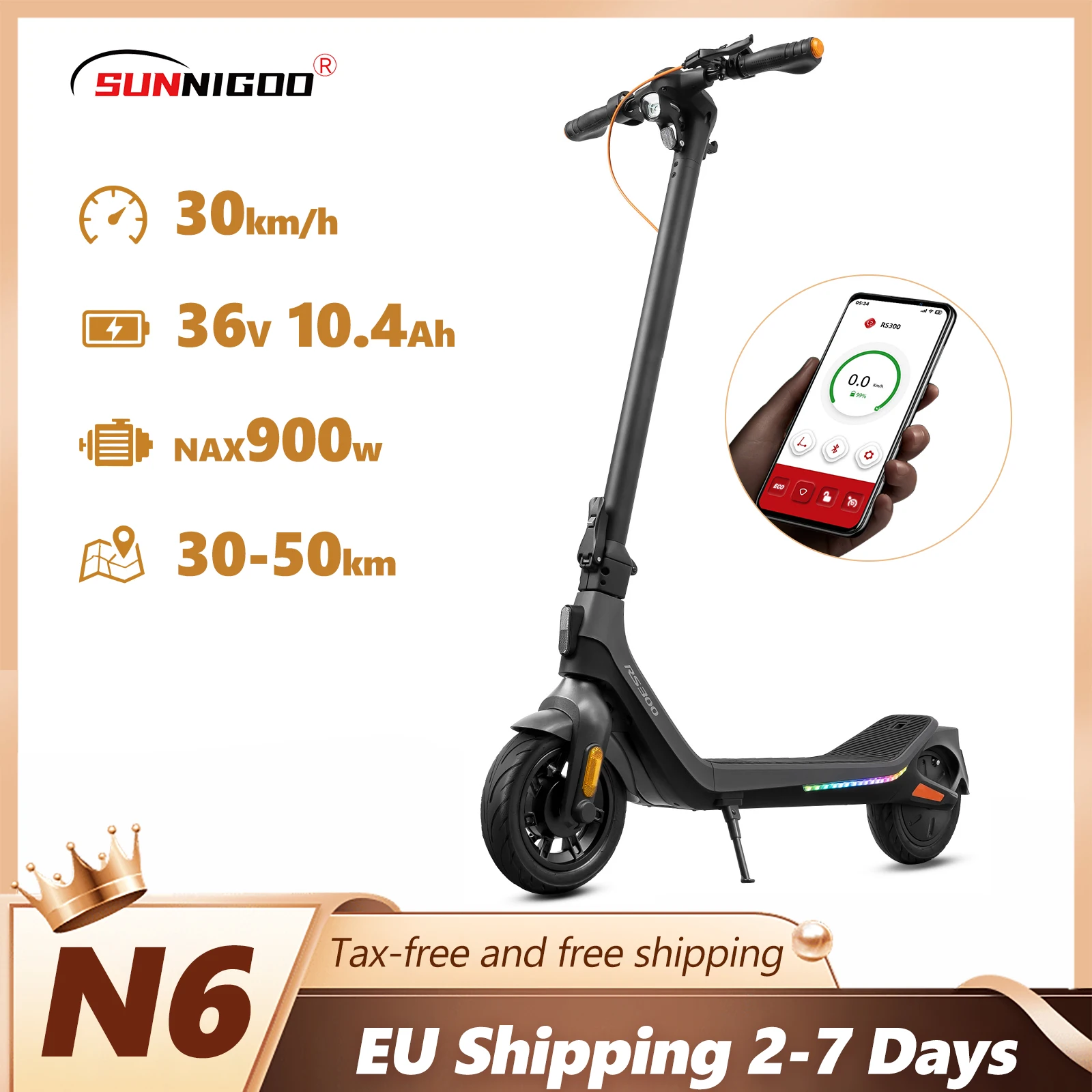 SUNNIGOO Erwachsenen-Elektroroller mit Fingerabdruck-Entsperrung und App, 900W Spitzenmotor, 30km/h Höchstgeschwindigkeit, 30-50km Reichweite, 10-Zoll-Reifen, Urban-EScooter, IP56 Wasserdicht mit