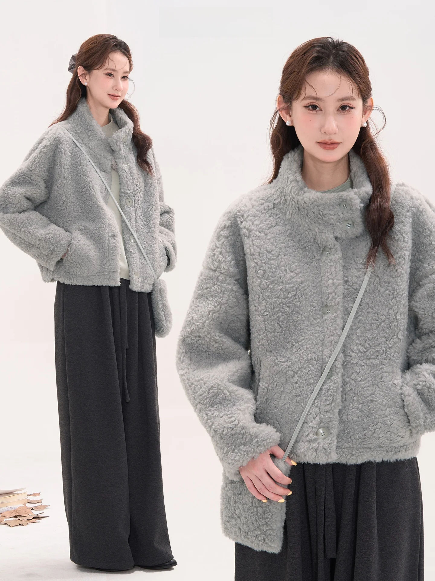 

Зимняя утепленная короткая куртка из искусственного меха для женщин, с воротником-стойкой, теплая, однотонная, для повседневной носки, из полиэфирного волокна, свободного кроя