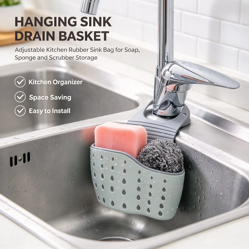 Hanging Sink Drain Basket Adjustable Kitchen Rubber Sink Bag Soap Sponge Rack Faucet Holder Bathroom 1Pc Set Tool