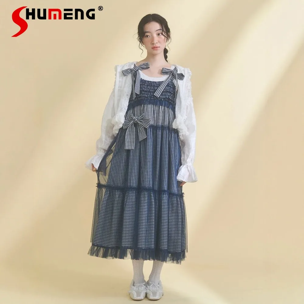 

2026 Spring Summer New Sweet Organza Sling Dress Girls Japanese Style High Waist Slimming Casual Sleeveless Long Sleeve Dress