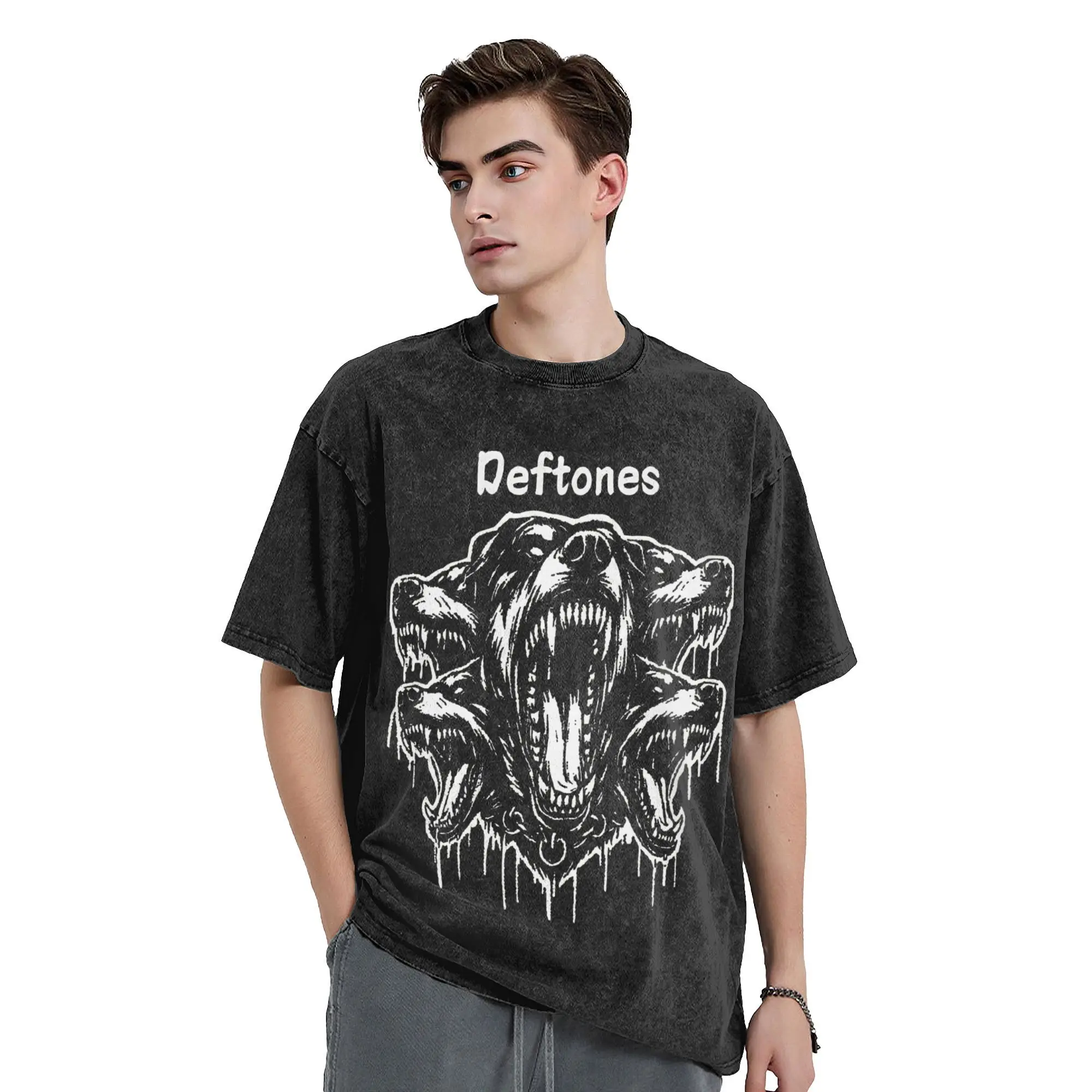 Harajuku Deftones Music Band Cerberus Unleashed Vintage Washed T Shirt Men's Cotton Short Sleeve  O-neck Summer Clothing