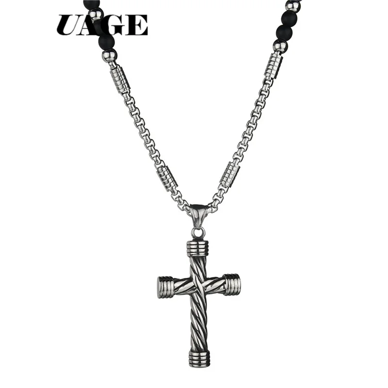 UAGE 2018 New  Cross Pendant Necklace For Men Women 316L Stainless Steel Rosary Beads Necklace Religious Jewelry