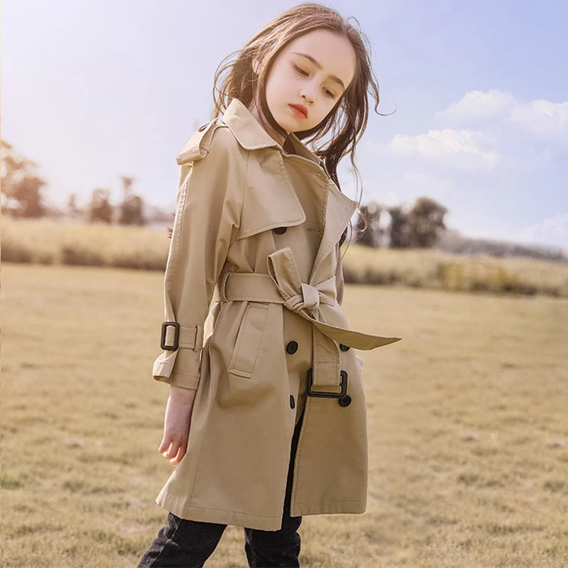 

Длинный тренчкот для девочек-подростков, новинка 2023, модная ветровка в английском стиле, куртка для девочек, весенне-Осенняя детская одежда