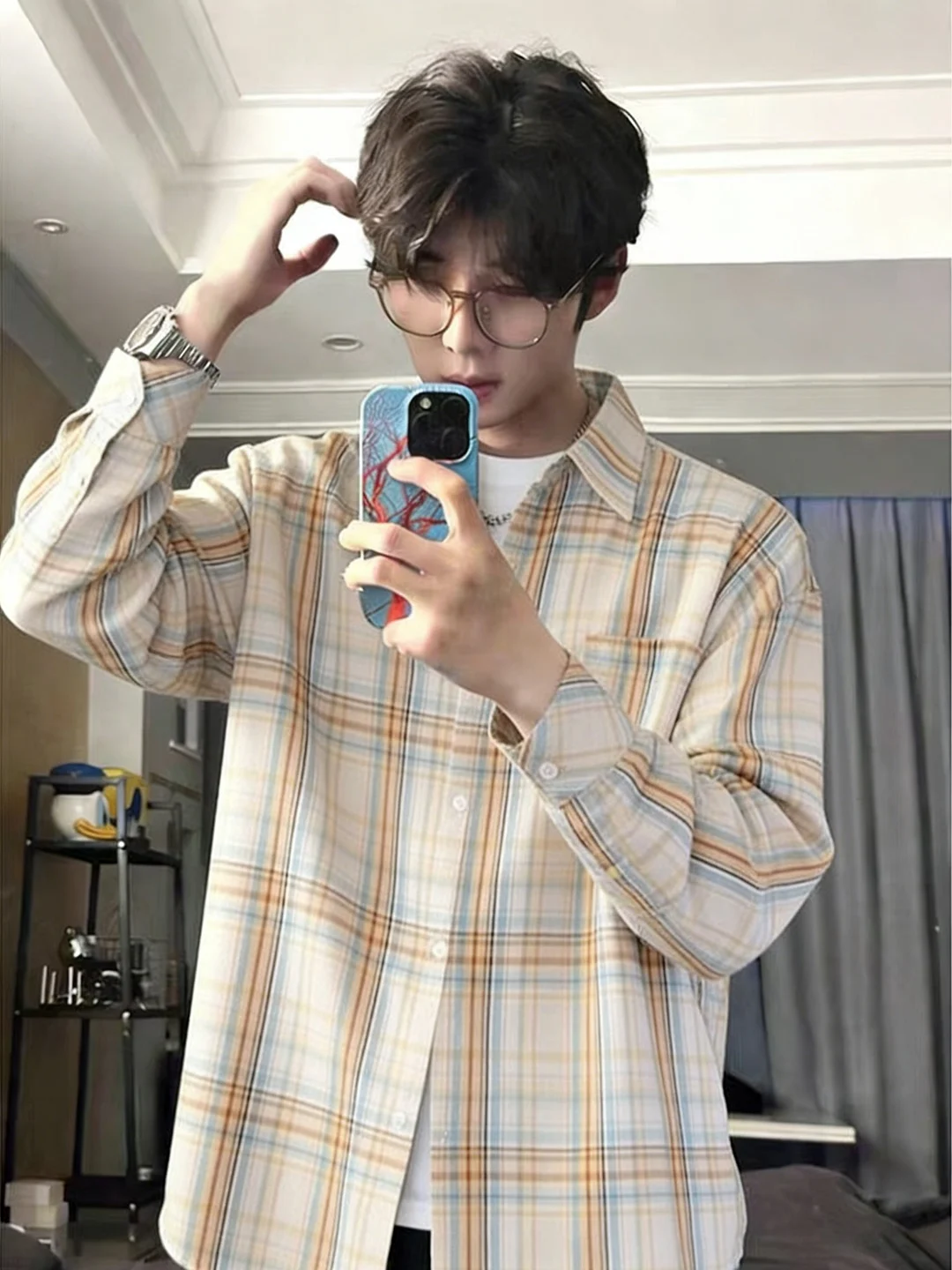 

Retro American Plaid Long Sve Men's irt Light Brown Spring High-End Feeling Cool Sli Outerwear Cleanfit Top