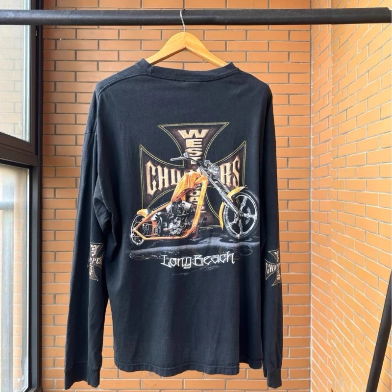 American Street West Coast Choppers Long Sleeve Tshirt Flame Motorcycle Skeleton Retro Cross Print Black Cotton Men Women Top