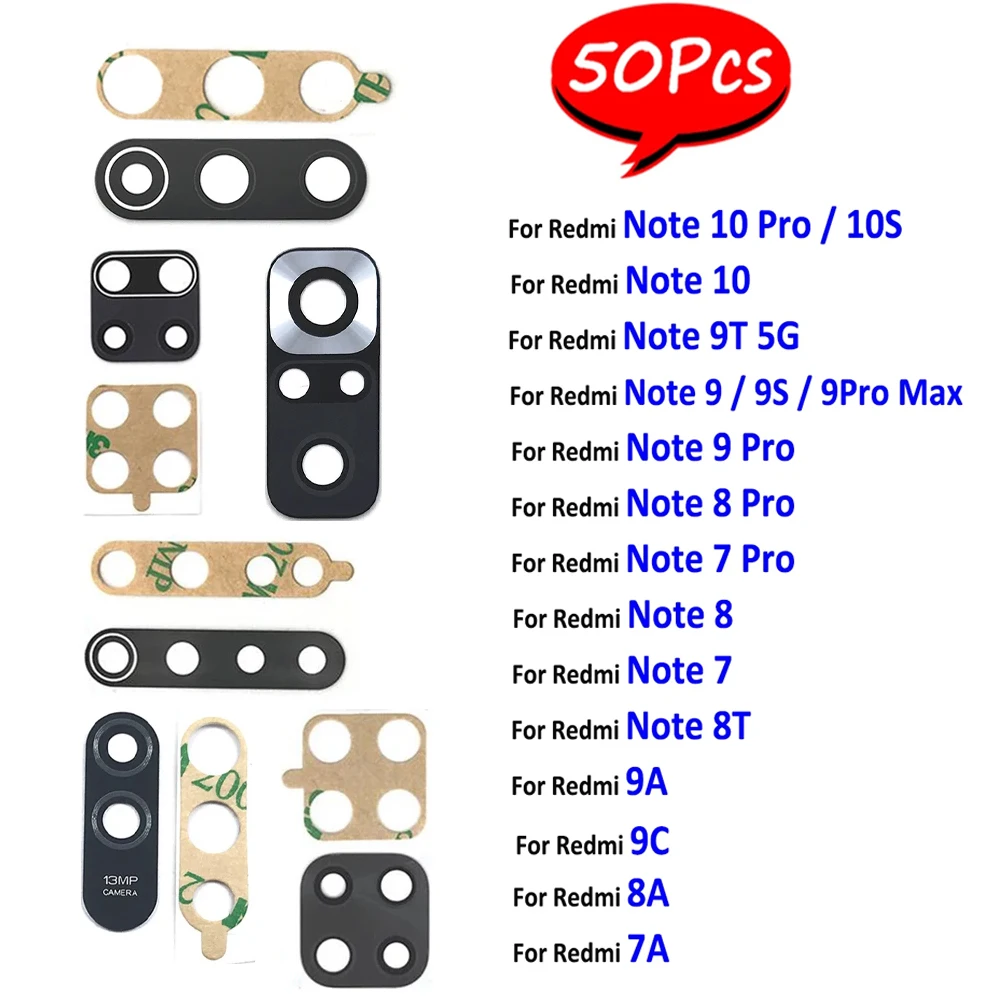 50Pcs,Rear Back Camera Glass Lens Cover With Ahesive For Xiaomi Poco X6 Redmi 9C 7A 9A 8A Note 7 8 9 10 Pro Max 9S 8T 10S 9T 5G