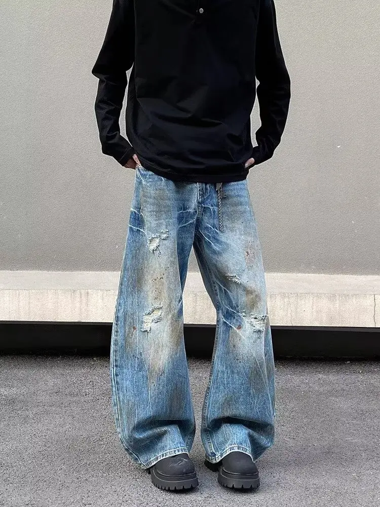 2000S Kleidung Y2K Grunge Old Dirty Washed Blue Baggy Zerrissene Jeans Hosen Für Männer 90S Vintage Kleidung Denim Hosen Ropa Hombre – Detail 7