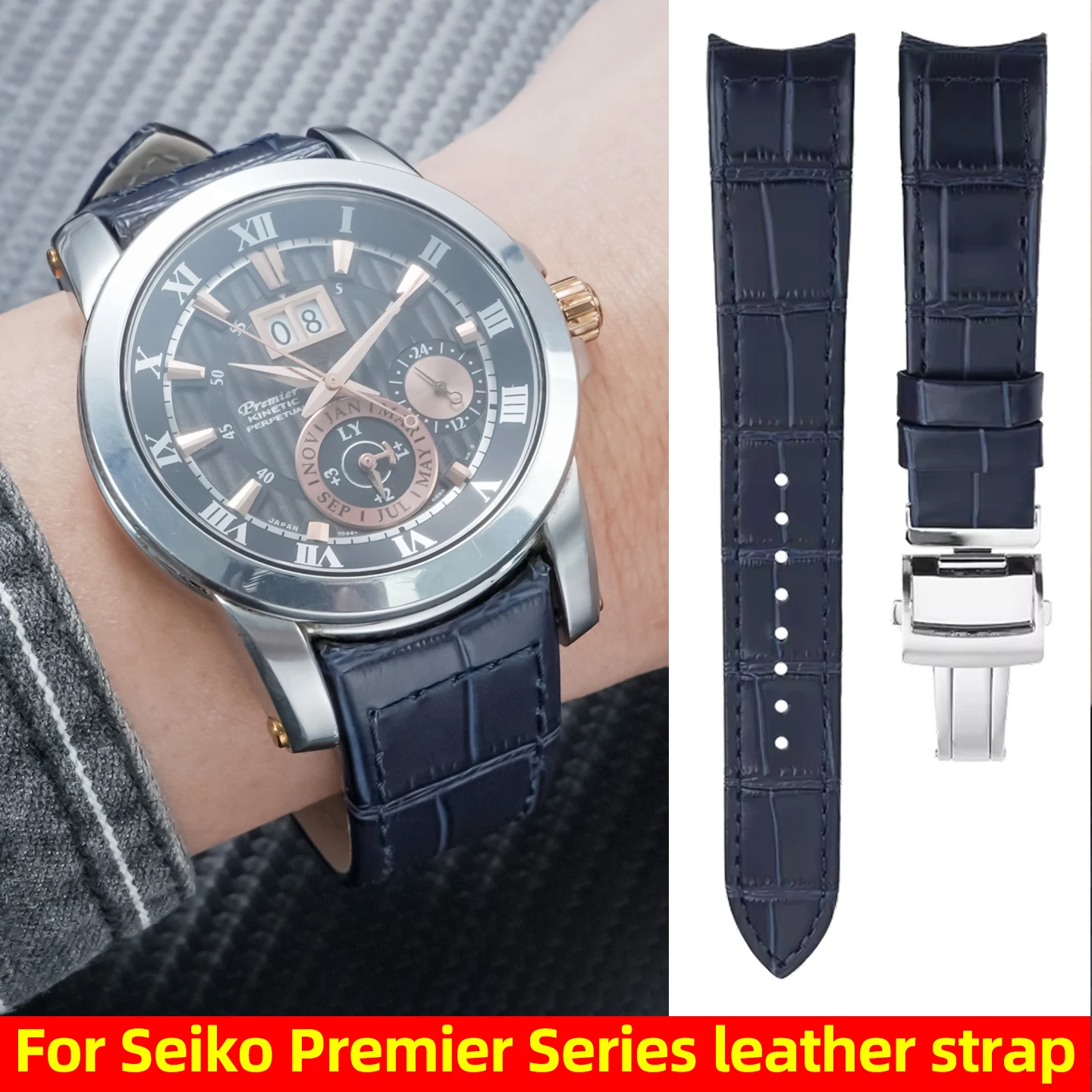 

For Seiko Watch Strap Premier Series SNP025 SNP036 SNP037 SNP093 SNP041 SNP044 7D48-0AG0 Curved End Cow-Leather watchband 21mm