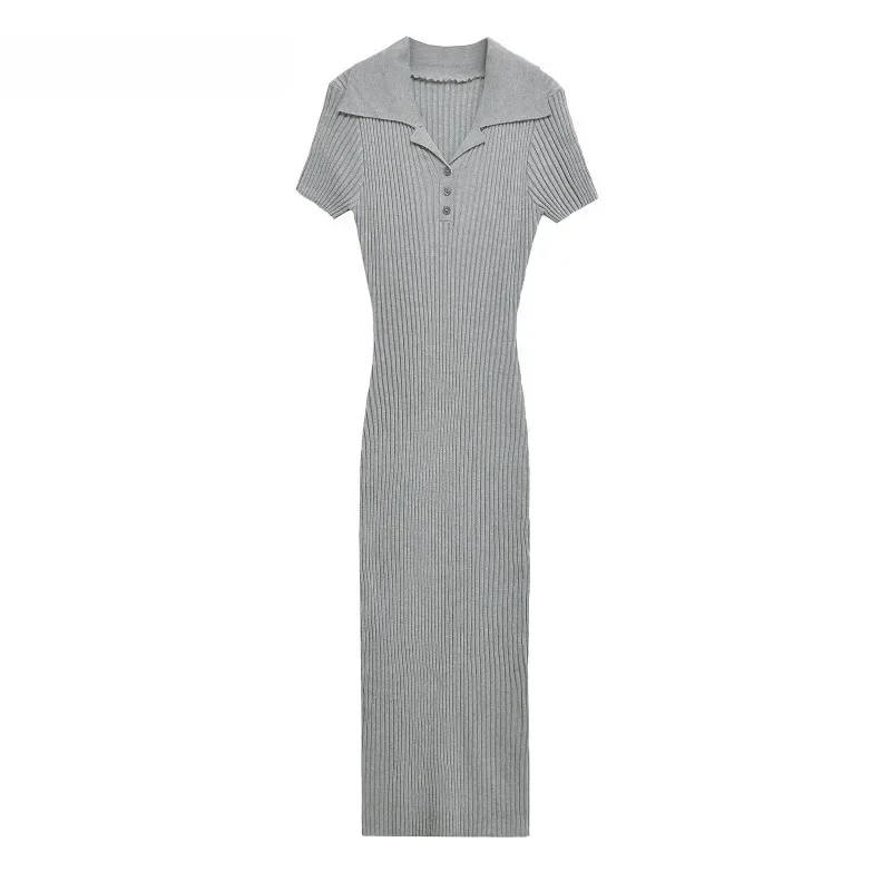 KADUWAKI Spring Woman Trendy Short Sleeve Knitted Maxi Skirt Bodycon Dress Chic Woman's Turn-Down Collar Button Ruffles Dresses