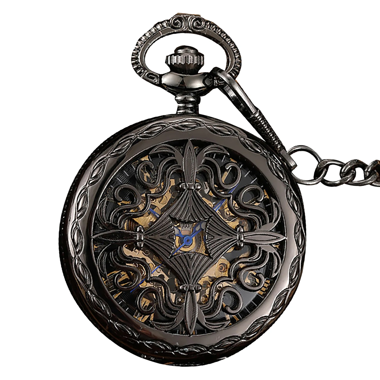 Retro Mechanical Hand Wind Pocket Watches Roman Numeral Dial Skeleton Mechanical Flip Watch Men Clock With Fob Chain Gift Box