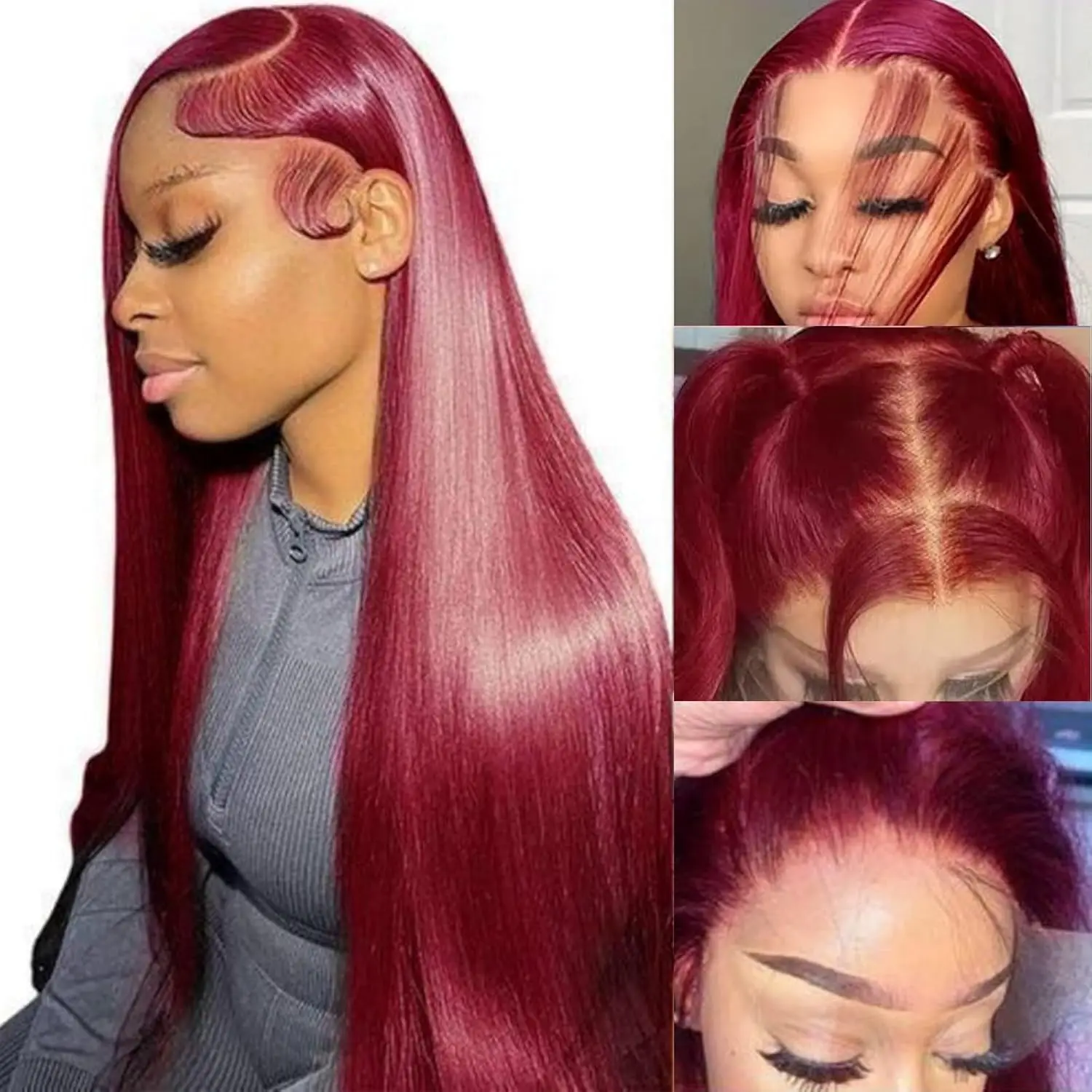 

13x6 HD Straight Lace Front Wig, Human Hair, Pre-Plucked, Glueless, 24 Inch Burgundy Wine Red Color, 180 Density for Women
