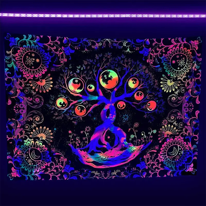 VIKAMA Blacklight Tree of Life Tapestry Wall Hanging Moon Phase Mandala Floral UV Reactive Psychedelic Wall Art Dorm Decor