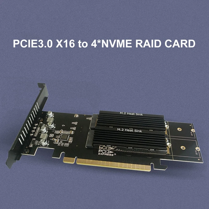 Pcie To M2 Adapter Card, PCIE X16 4 Port M2 NVME M Key SSD Add On Card PCI Express Expansion Card With Heatsink