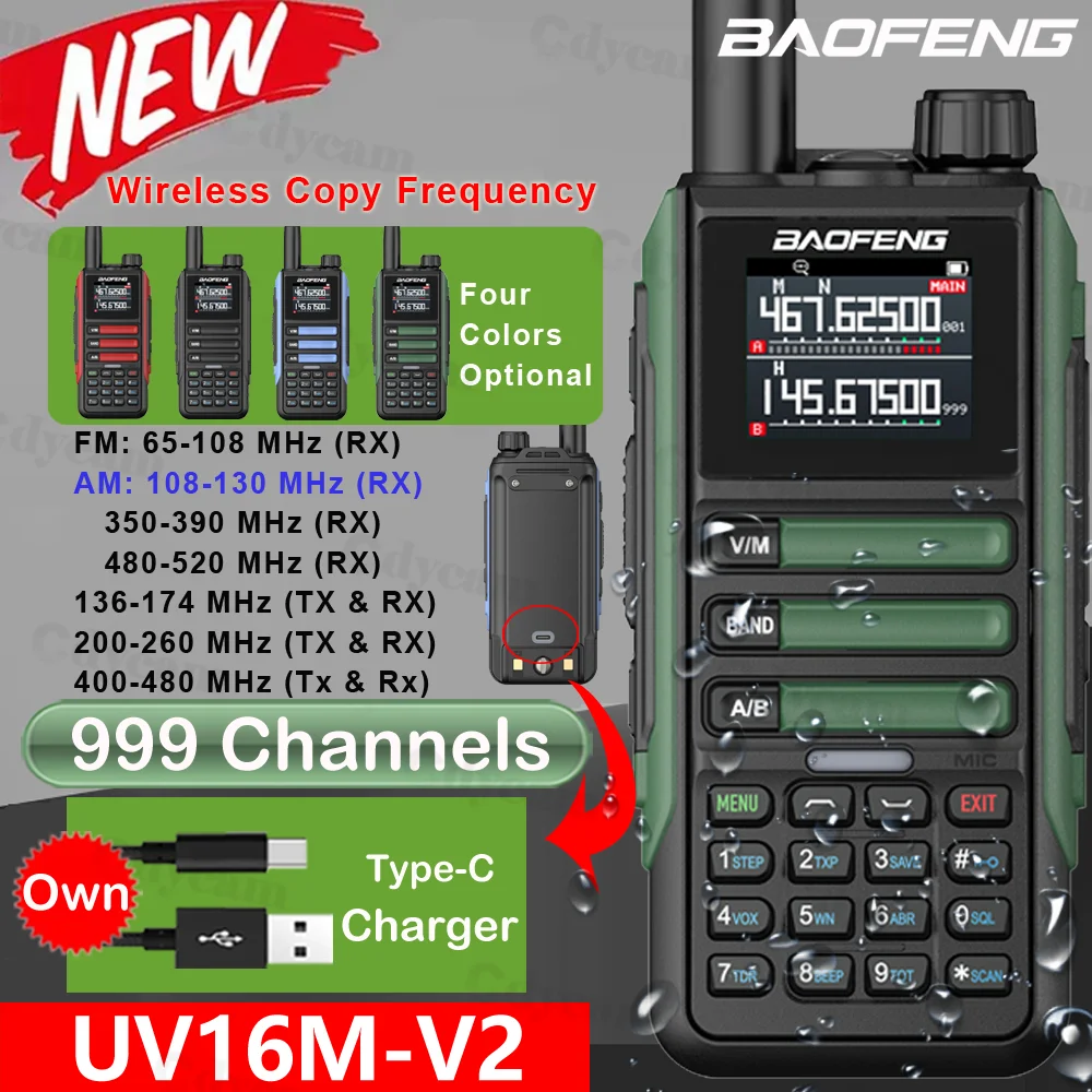 Ulepszony radiotelefon Baofeng UV16M V2 AM FM Dwukierunkowe Radio Pełnozakresowe LCD 999CH Kopiowanie Częstotliwości VHF UHF NOAA Redukcja Szumów Type-C