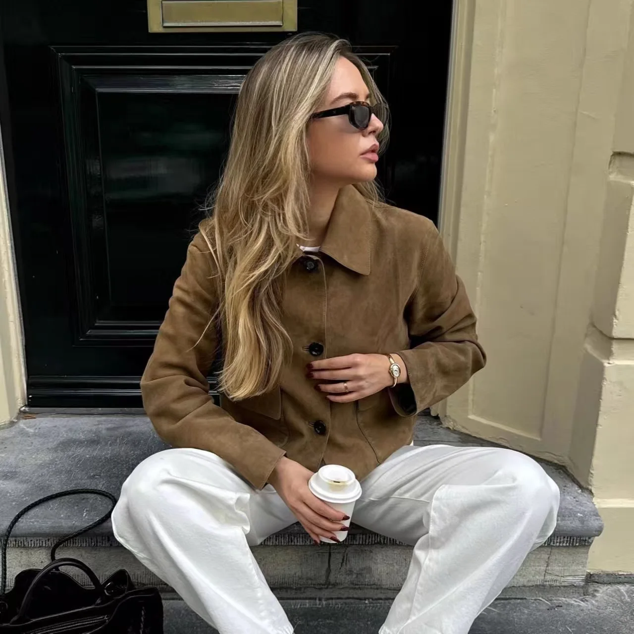 Faionable Cappotto lungo in pelle scamosciata Jaet ort da donna Taglio dritto Sle Europeo Chiusura con bottoni Capispalla da donna