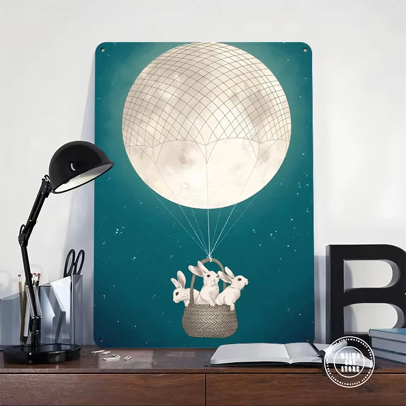 Moon Balloon Bunnies Printed Poster Customized Wall Art Retro Vintage Metal Tin Signs for Decoration Living Room Accessories