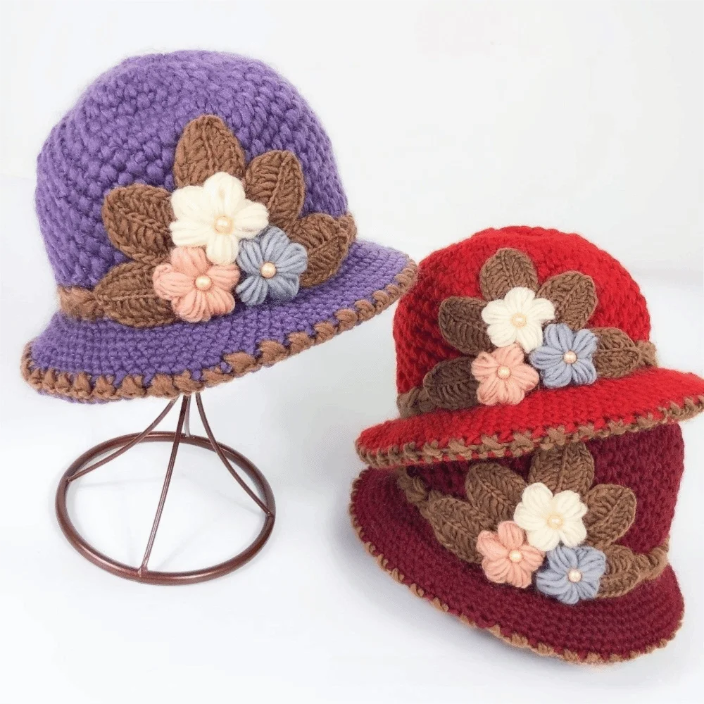 Knitted Bucket Hat Versatile Warm Plush Soft Yarn Cloche Hat Comfort Windproof Foldable Floral Crochet Hat Outdoor Autumn Winter