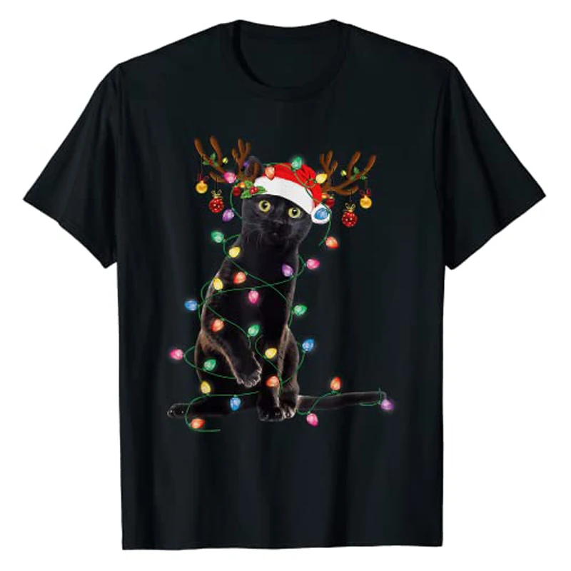 Reindeer Black Cat Christmas Lights Cute T-Shirt Graphic Tee Tops Funny Cat-Lover Xmas Costume Gifts Family Matching Outfits