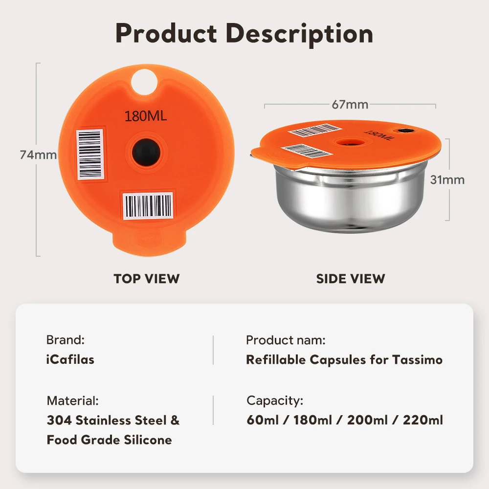 60/180/200/220ml dla Bosch Tassimo kapsułka ze stali nierdzewnej kapsułka z kawą kapsułka filtr wielokrotnego napełniania ekspres do kawy pokrywa