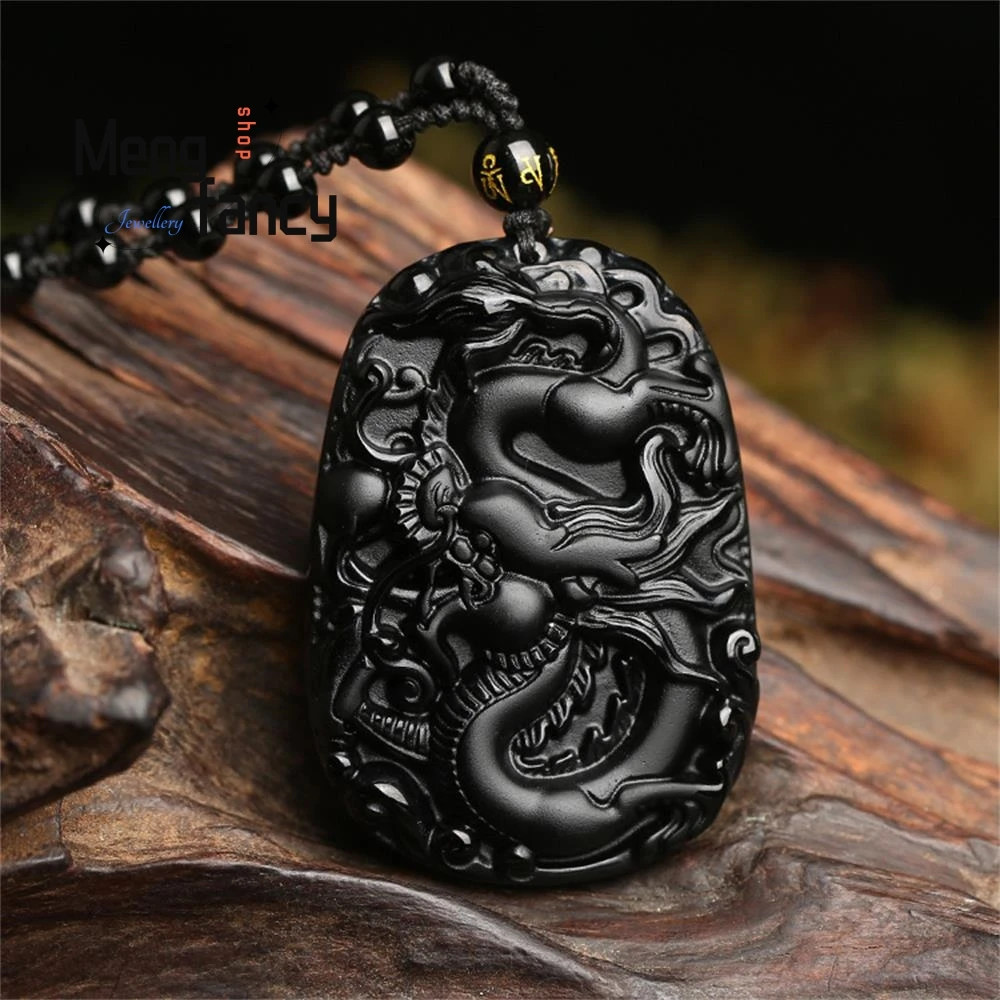 

Natural Black Obsidian Dragon Pendant Charms Fashion Amulet Mascots Men Women Necklace Engraver Jewelry Souvenir Holiday Gifts