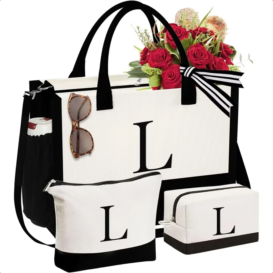 

YOOLIFE Initial Canvas Tote Bag Makeup Bag Birthday Gifts for Women Mom Sister Friends Bridesmaid Wedding Gifts