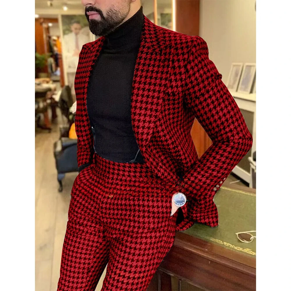 

Customized Men's Suits 2 Piece Jacket Pants Luxury Peak Lapel Single Breasted Male Clothing Formal Houndstooth Costume Homme2025