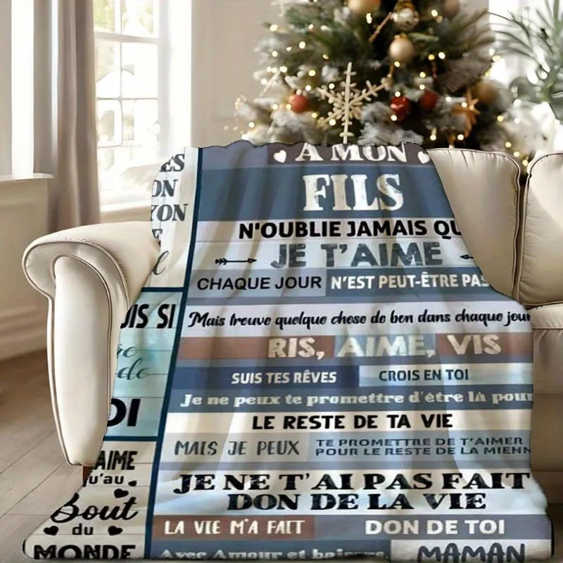Customize 1pc French Letter to Son from Mom Printed Flannel Blanket, Decorative Ultra-Soft Plush Long Hair Fluffy Blanket, Fluff
