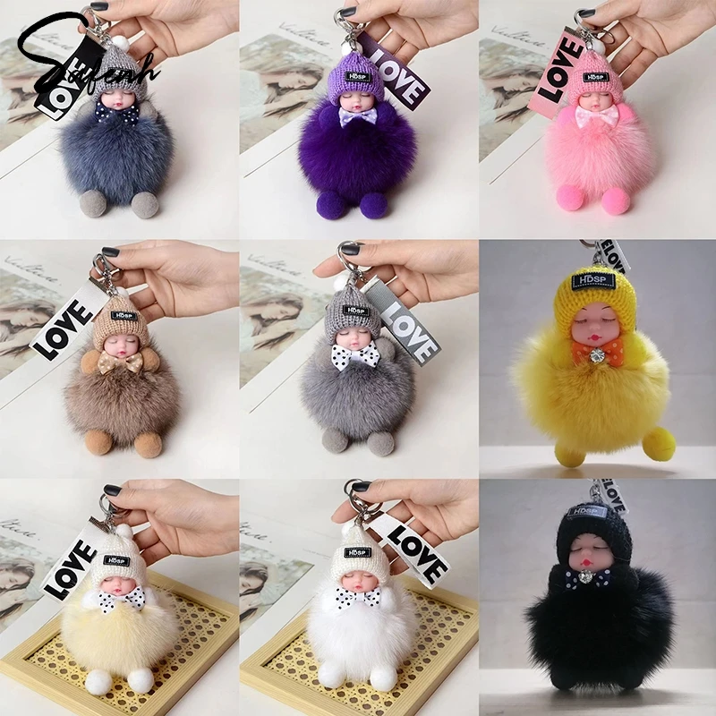 Sleeping Baby Keychain Cute Fluffy Plush Doll Pompom Pendant Key Chains For Women Girl Bags Decor Cars Keyring Gift Charm