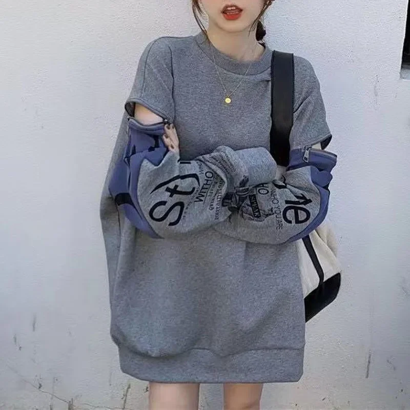 

Новый осенний модный корейский дизайн с круглым вырезом в стиле поп-стрит на молнии с длинными рукавами и вставкой, свободный универсальный большой свитер