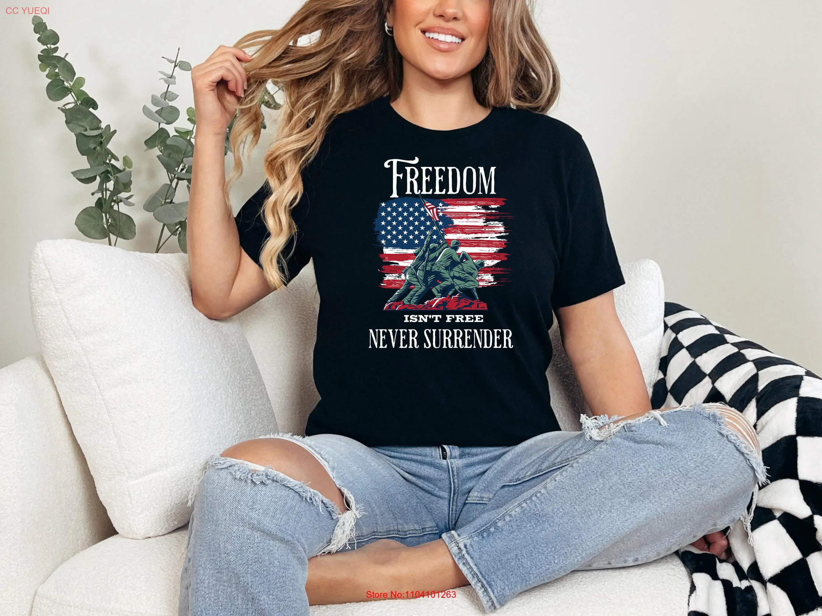 

American Flag T Shirt Freedom isn't Free Patriotic Veteran US 4th of July United States America long or short sleeves