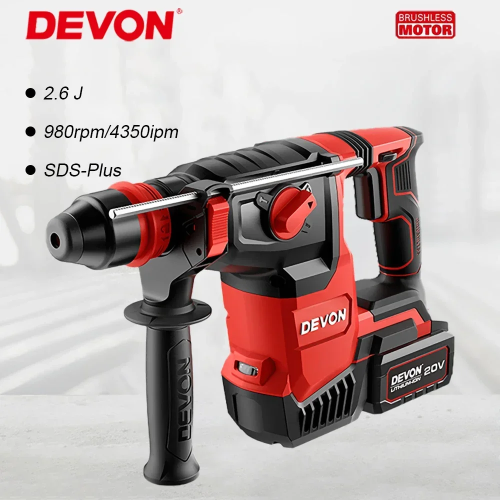 

Devon Heavy Duty Cordless Rotary Hammer Brushless Motor 5402 Impact Energy 2.6J 980rpm 4350ipm 2.9Kg Universal 20v Flex Battery