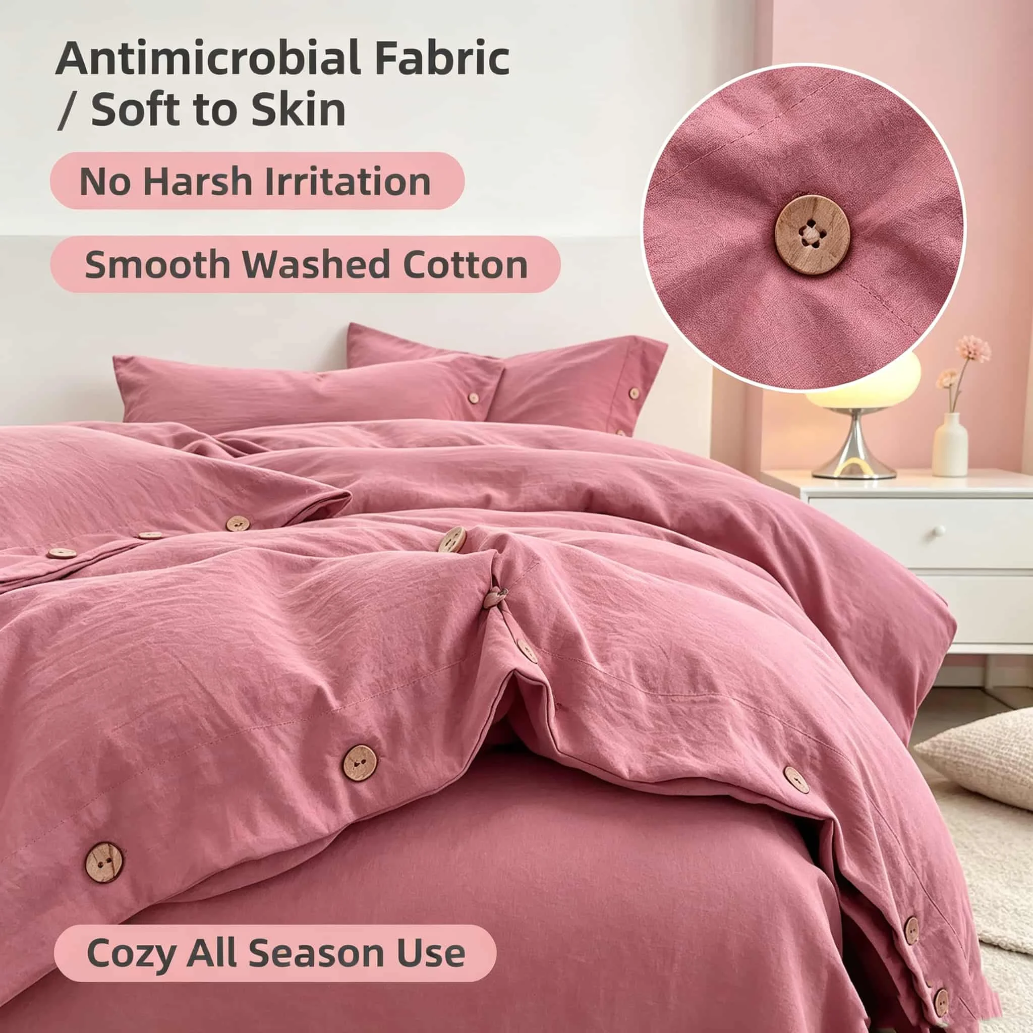 Solid Color Antimicrobial Duvet Cover with Wood Buttons, Comfort Bedding Set, Skin Friendly Bedding Sets, Machine Washable