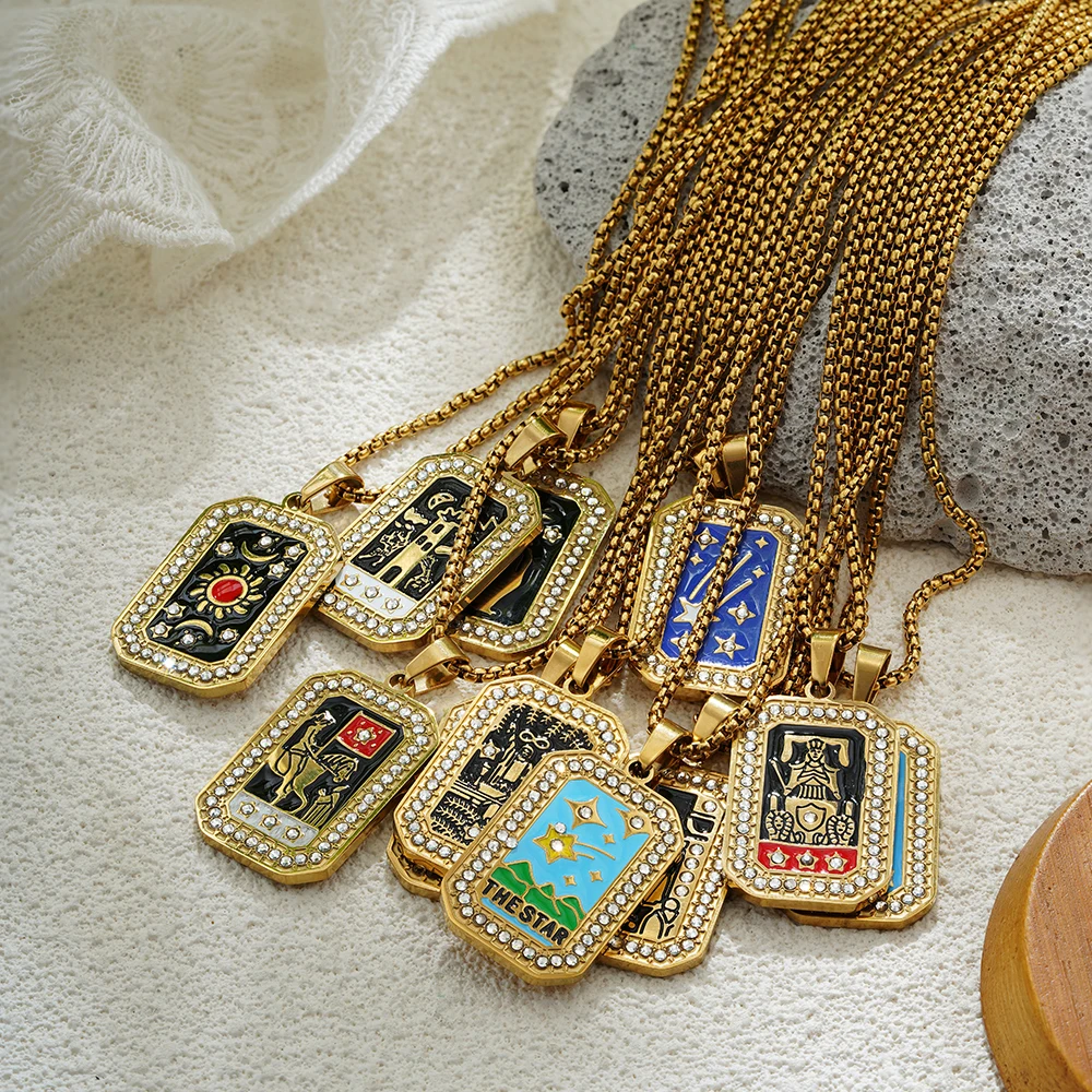 الذهب اللون قلادة للنساء الزركون عيد الميلاد مجوهرات ملونة هندسية ذات مغزى الشمس عاشق الفولاذ المقاوم للصدأ التارو القلائد