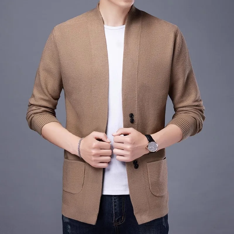 Autumn Winter Knitted Cardigan Men Fashion Slim Fit Sweater outerwear Mens Solid Color V Neck Casual Korean Knit Cardigan Man
