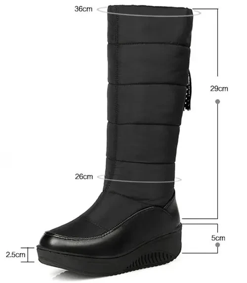 

2025 Winter Women Snow Boots Platform Wedge High Heels Round Toe Black Red Down Plush Casual Travel Ladies Fringe Mid-calf Boots