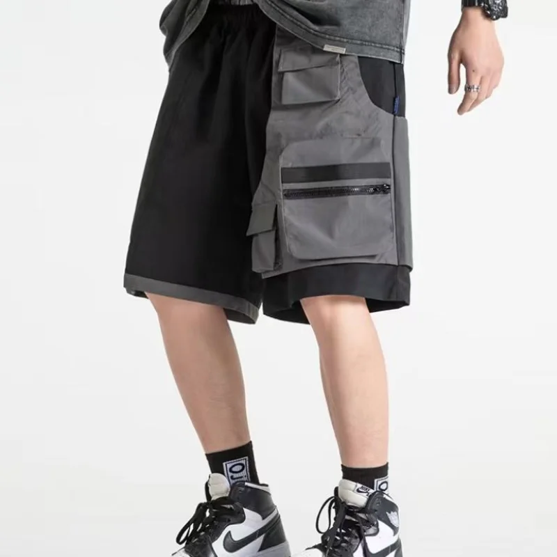 Fashion Loose Personality Zipper Multiple Pockets Motion Cargo Shorts Wide-leg Waist Drawstring Street Casual Male Short