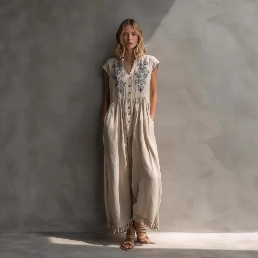 

2026 New Women's Jumpsuit Elegant V-Neck Sleeveless Romper Modern Faux Button Detail Wide Leg Jumpsuit Summer Casual Outfits