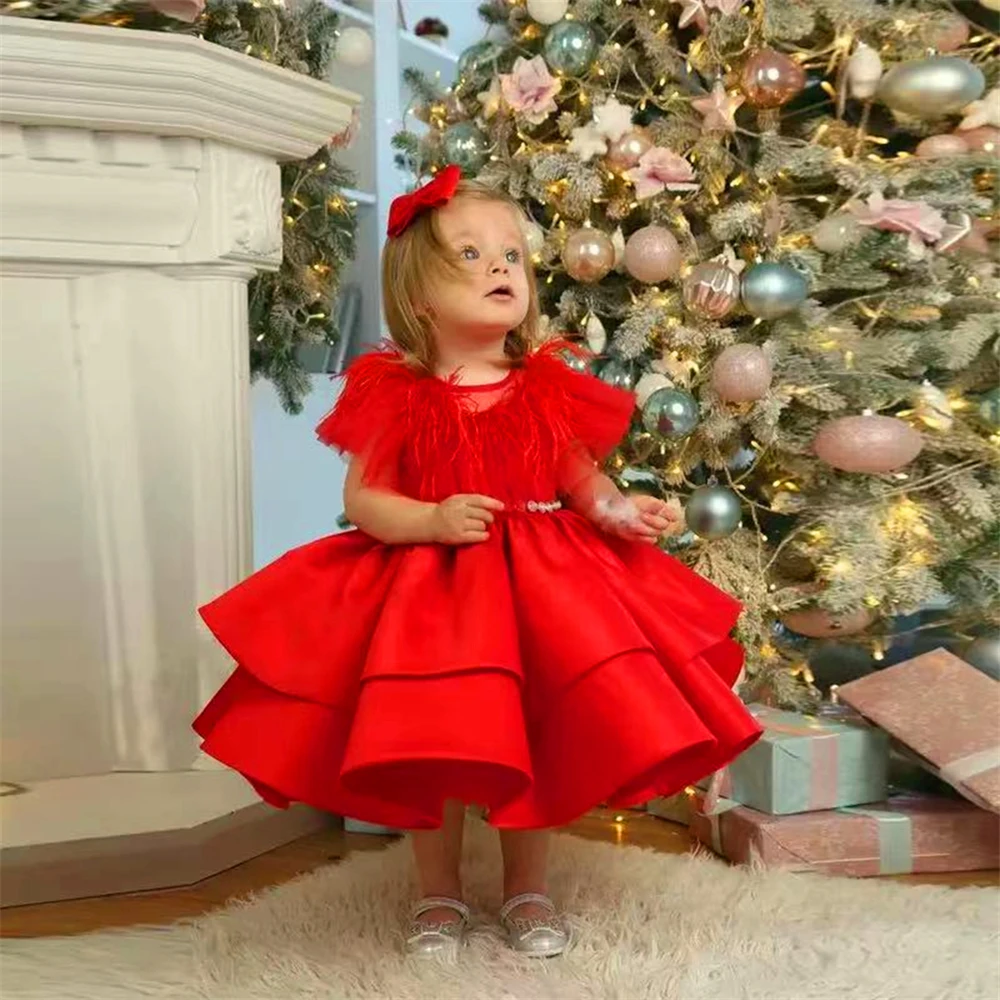 Red Short Sleeve Fluffy Tulle Lace Flower Girl Dress Princess First Communion Dresses Kids Surprise Birthday Present