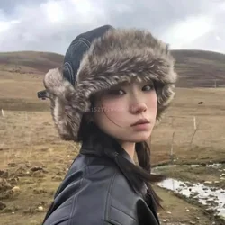 Korean Version Retro Plush Pilot Bomber Hats for Men and Women Ins Winter Thickened Warm PU Leather Windproof Ski Caps