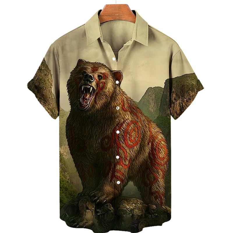

Fashion Bear Graphic Shirts For Men Trendy Summer Short Sleeve 3D Animal Printed Shirt Casual Oversized Lapel Button Blouses
