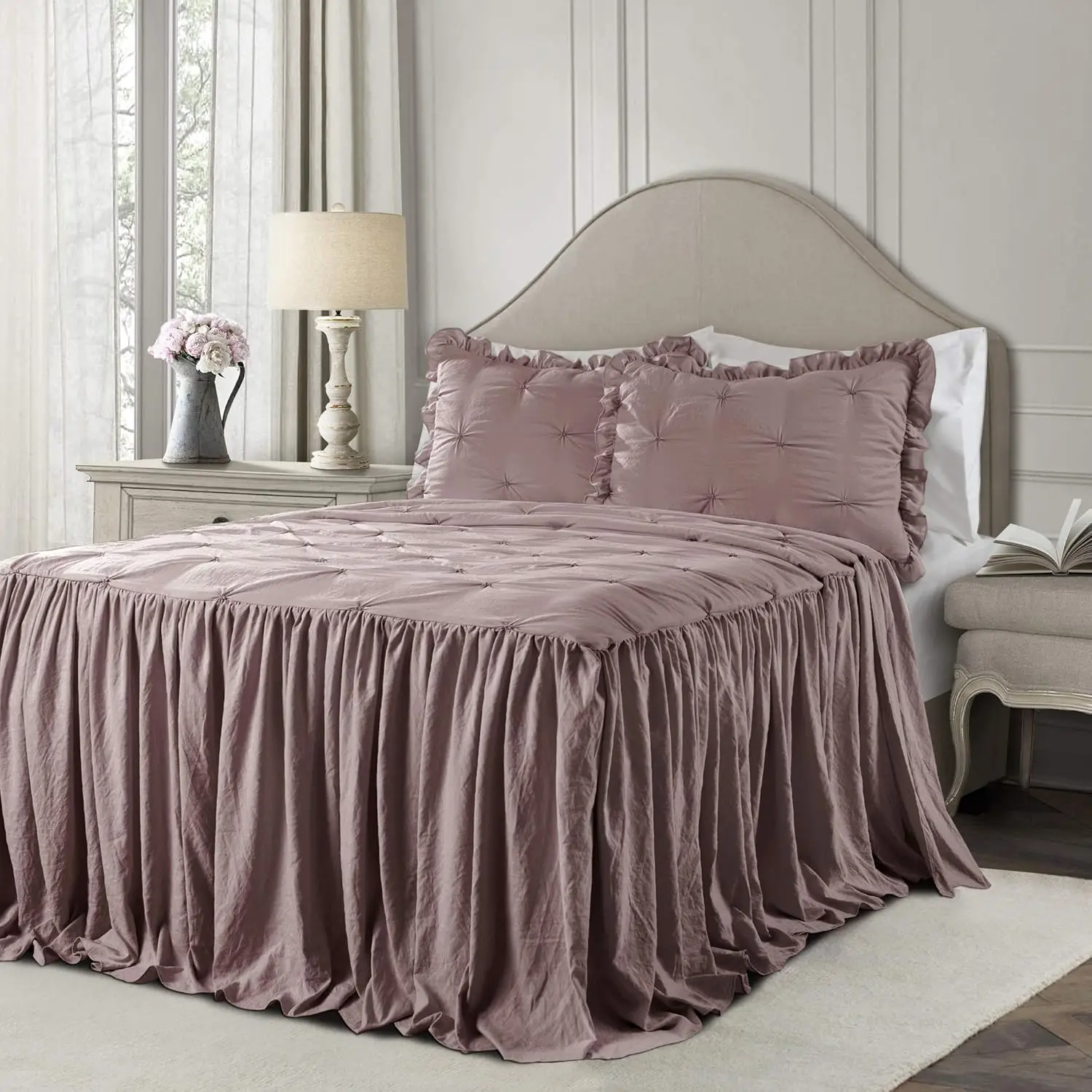 

Luxury 3-Piece Ruffled Bedspread Set, Traditional Glam & Farmhouse Inspired King Size, Woodrose Color