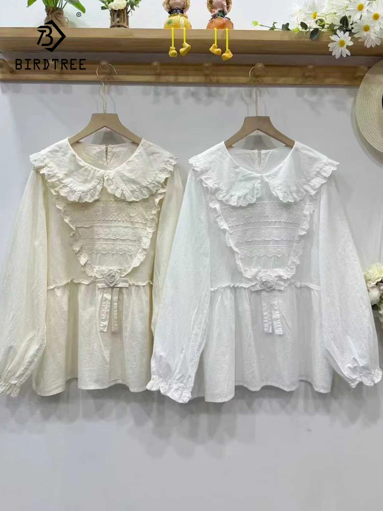 

New 2025 Autumn Cotton Long Sleeve Shirt, Women Peter Pan Collar Embroidery, Mori Girl French Retro Sweet Loose Blouse T59517CC