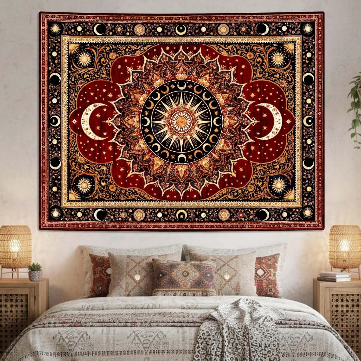 Bohemian Sun Moon Tapestry, Red Black and Gold Celestial Mandala with Sun Moon and Stars Print Wall Hanging for Home Decor