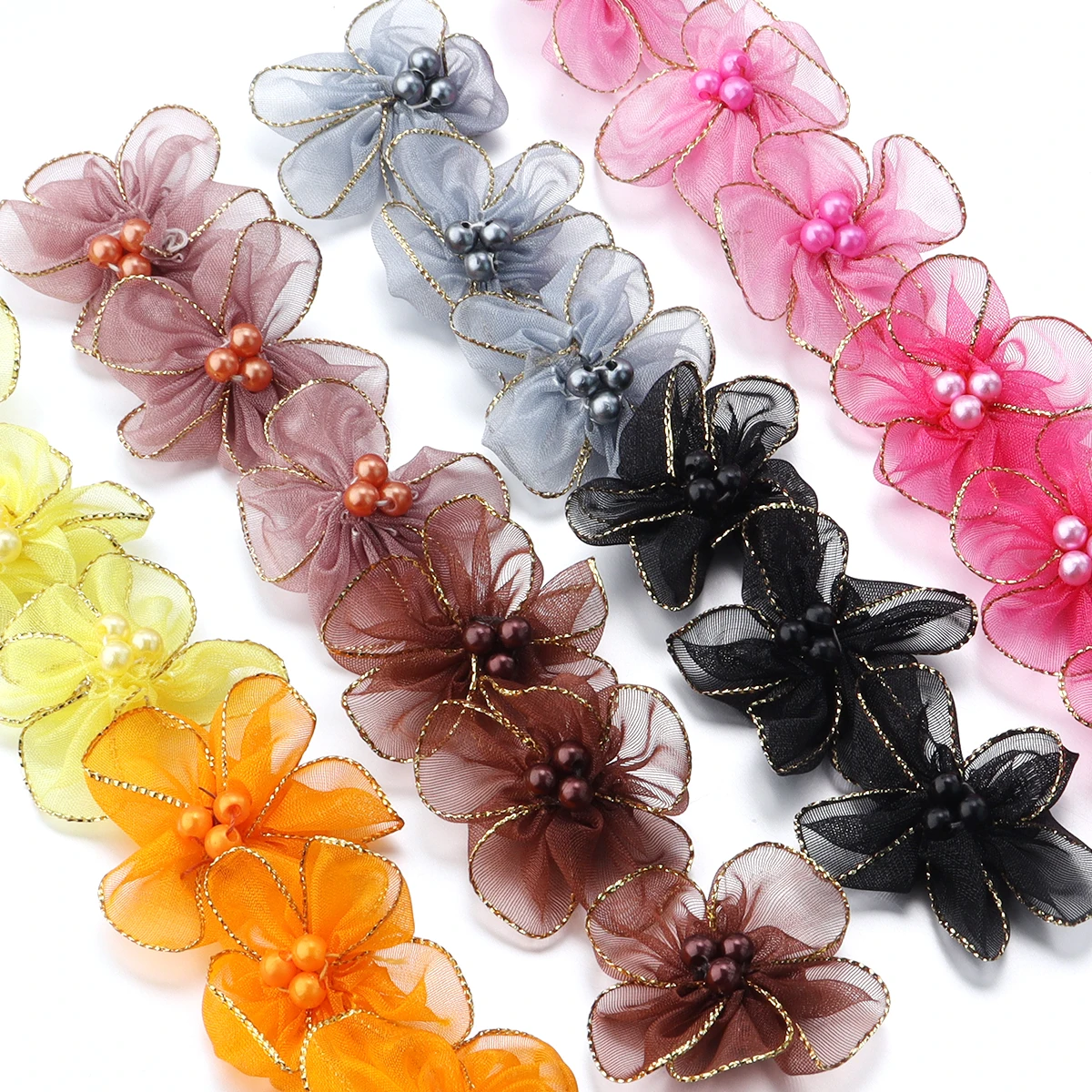 20pcs/pack Snow Gauze Fabric Flower Gold Edge Handmade Plum Blossoms for DIY Clothing Decoration Sewing Applique Accessories