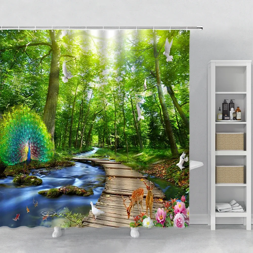 Plants Floral Wooden Bridge Forest Landscape Shower Curtain Tropical Dream Jungle Flowers Bird Peacocks Fabric Bathroom curtain