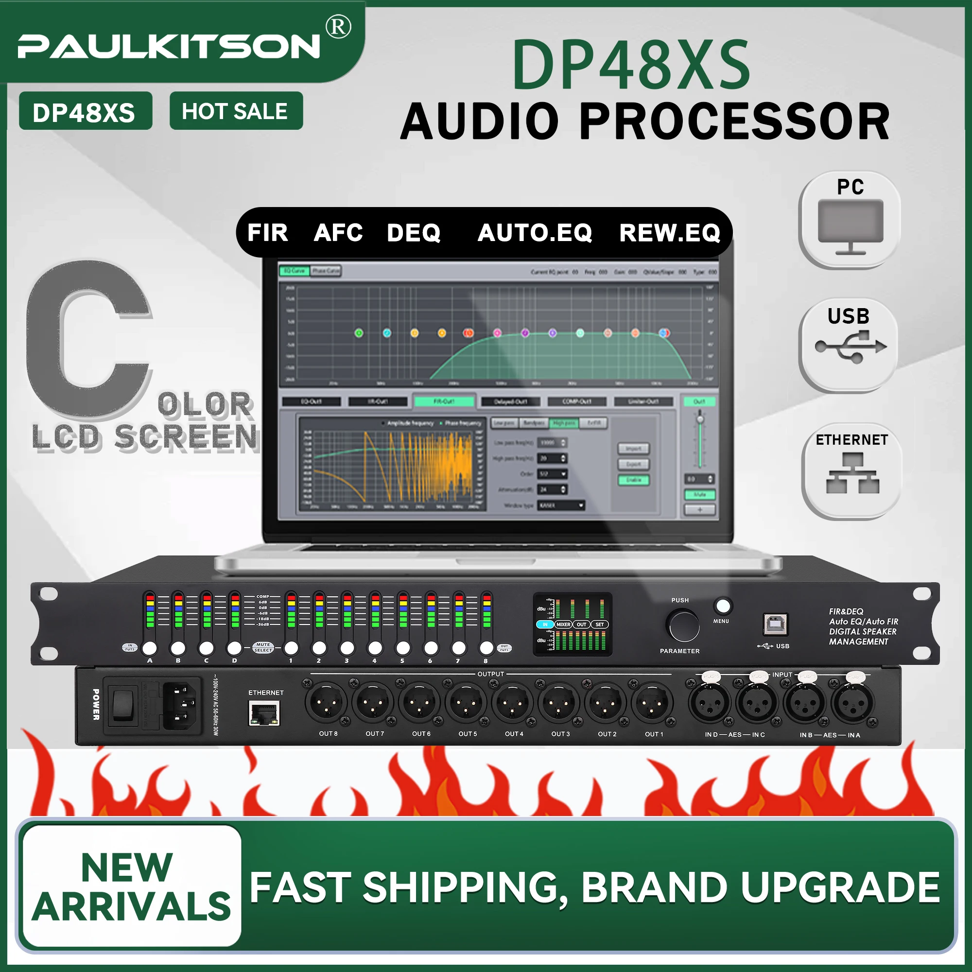 Image of Paulkitson DP48XS Digitaler Audioprozessor FIR AUTO EQ PC-Software-Steuerung Farb-LCD-Lautsprechermanagement für Bühne, Bar, Heimaudio
