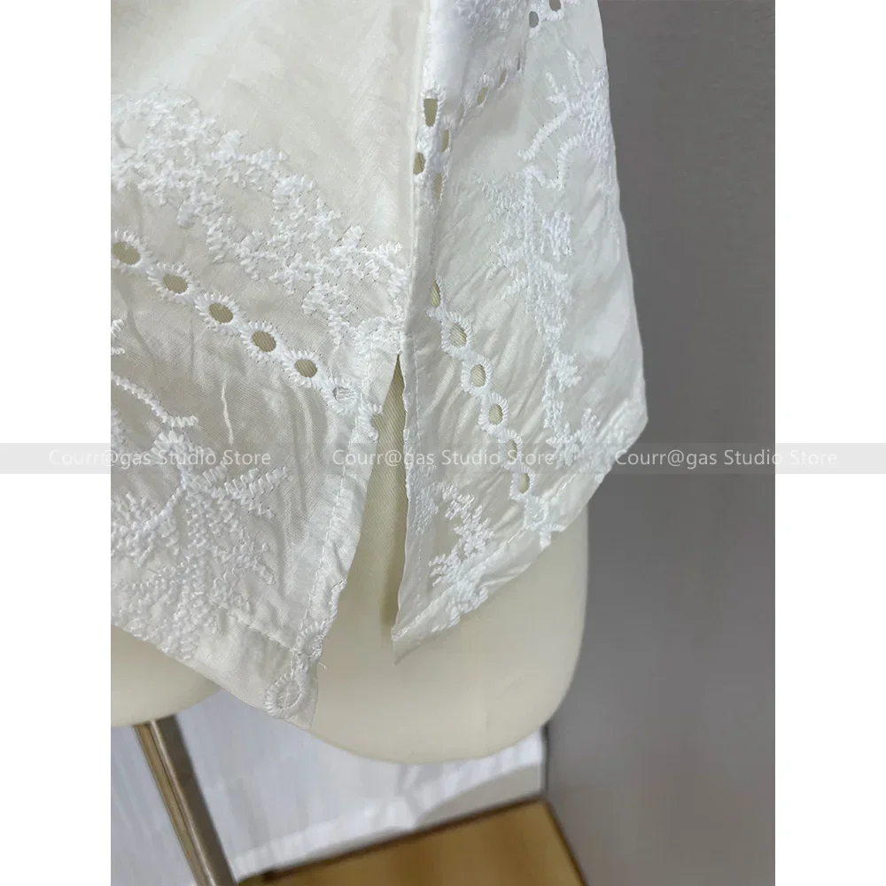 -camiseta camisola bordada blanca de algodón romántico francés, tops cortos finos y holgados con temperamento, novedad de verano 24